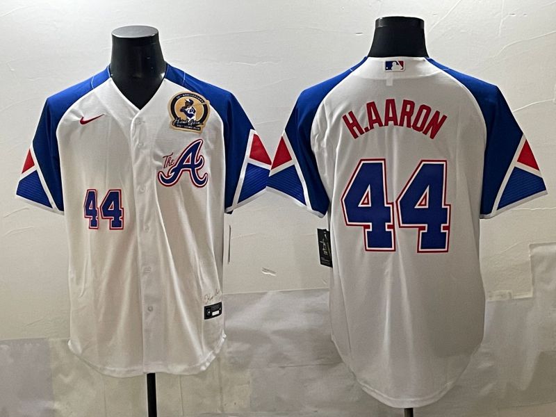 Men 2025 Atlanta Braves 44 H.Aaron White blue City Edition Nike MLB Jersey style 7